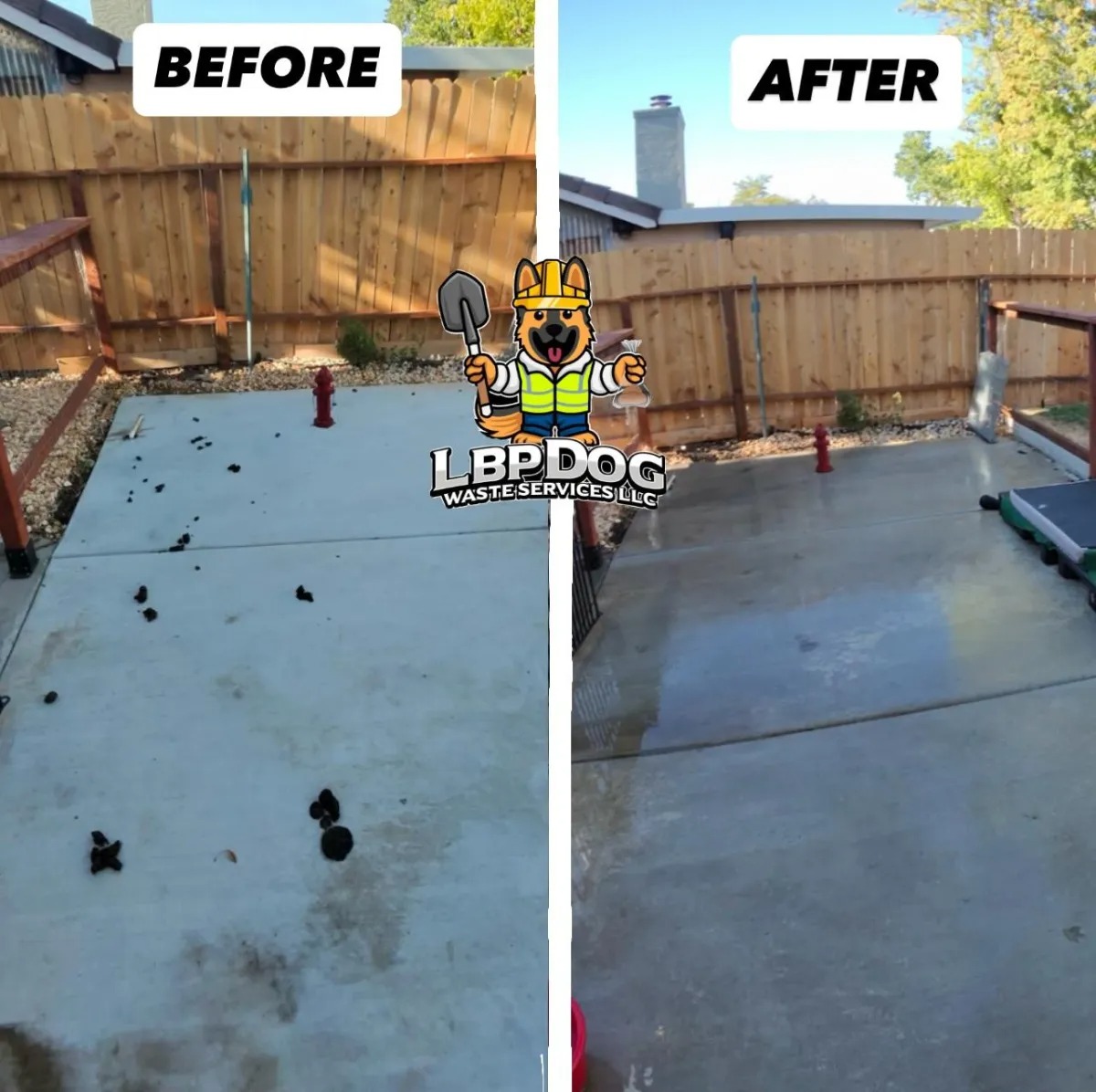 Before and after dog waste cleanup on a concrete patio