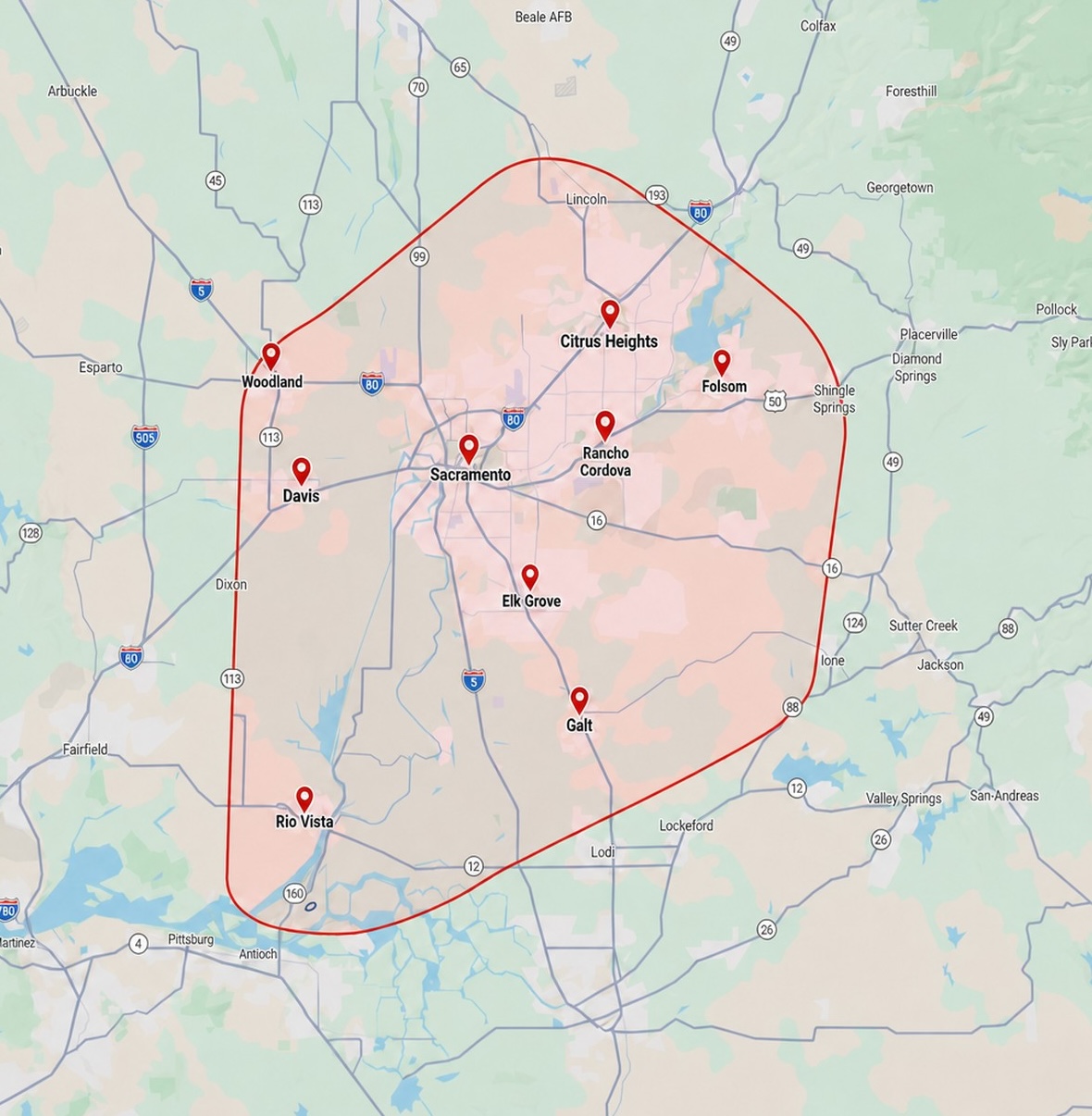 Map of the LBP Dog Waste Services service area across the greater Sacramento region